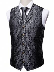 Men Plus Baroque Jacquard Waistcoat - Grey - View 4