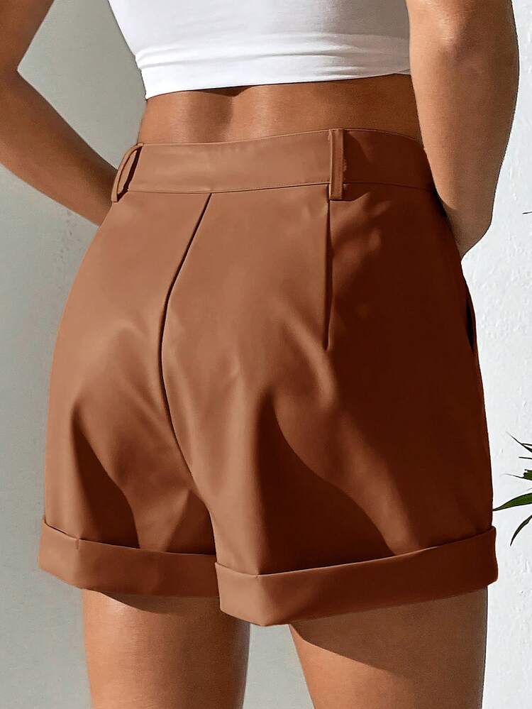 High Waist Roll Up Hem PU Shorts