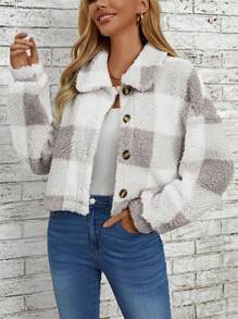 SHEIN LUNE Buffalo Plaid Print Drop Shoulder Teddy Jacket In Fall/Winter - Mauve Purple - View 4