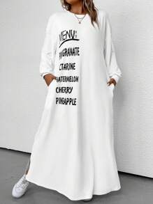 SHEIN LUNE Plus Letter Graphic Drop Shoulder Split Hem Dress - White - View 1