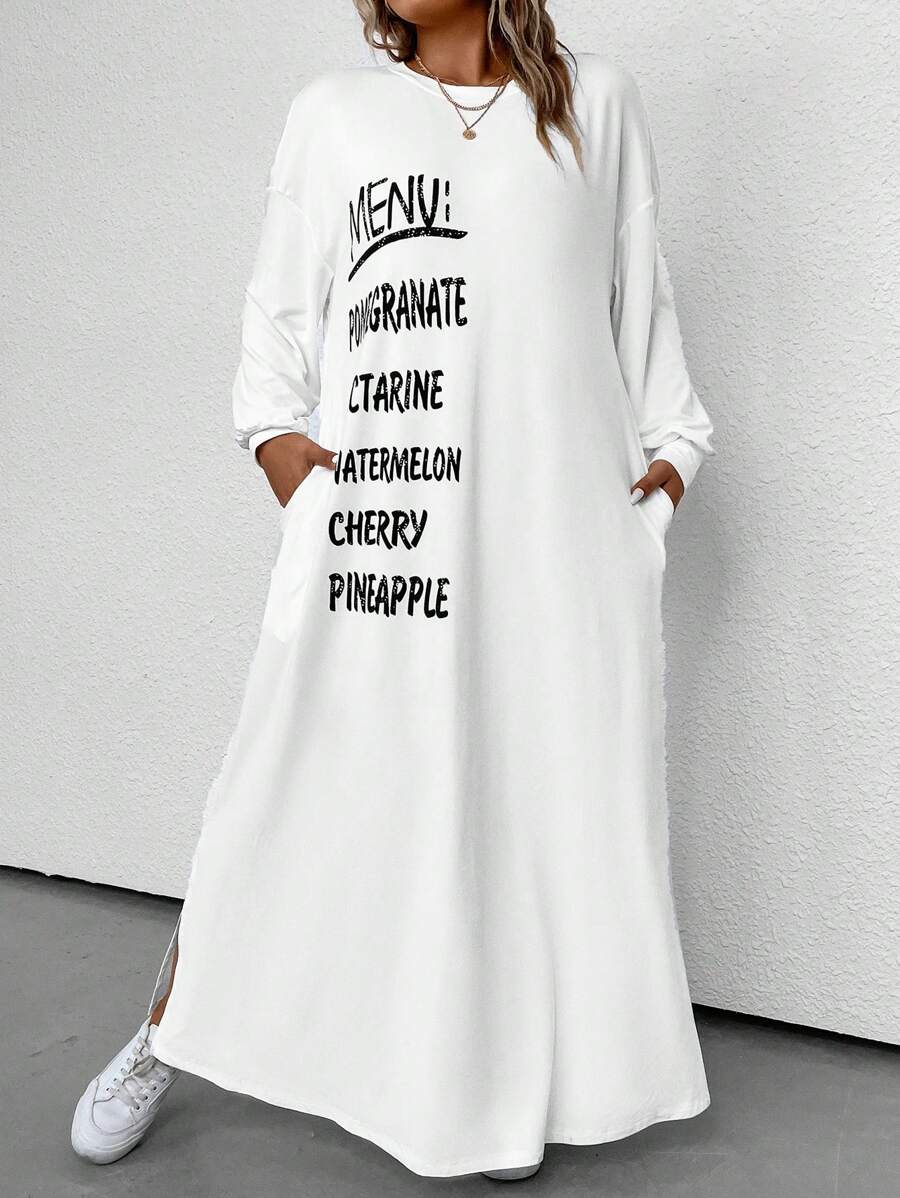 SHEIN LUNE Plus Letter Graphic Drop Shoulder Split Hem Dress - White - View 1
