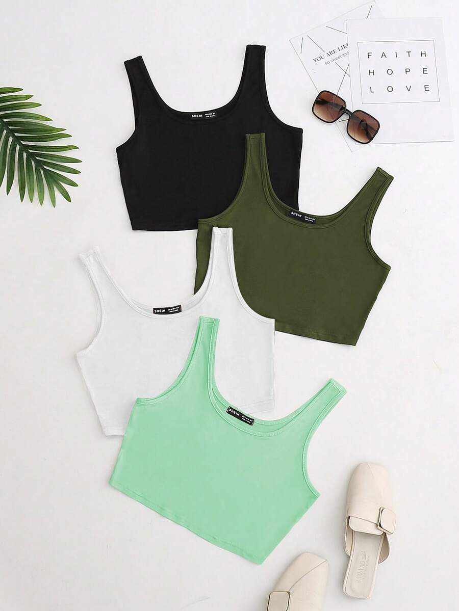 SHEIN Unity Áo ba lỗ ngắn cổ tròn ôm sát màu trơn đơn giản dành cho nữ, mùa hè - Nhiều màu - Xem 1