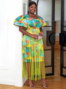 Hơn In Toàn bộ Viền rìa Đầm - Màu vàng - Xem 3