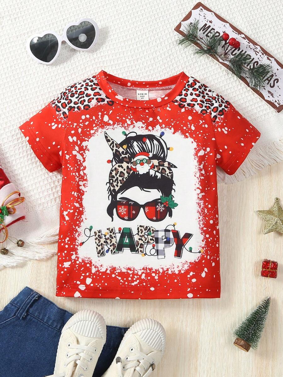 SHEIN Cô Gái Trẻ Đồ họa Hình & Chữ cái Áo thun Đối với Giáng sinh - Đỏ - Xem 1