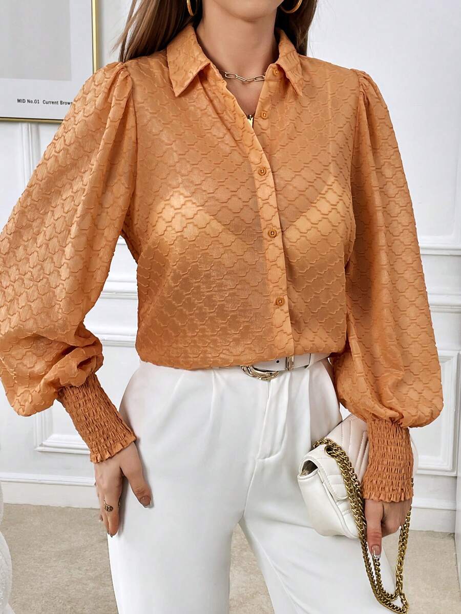 SHEIN Privé Solid Button Front Shirt - Orange - View 1