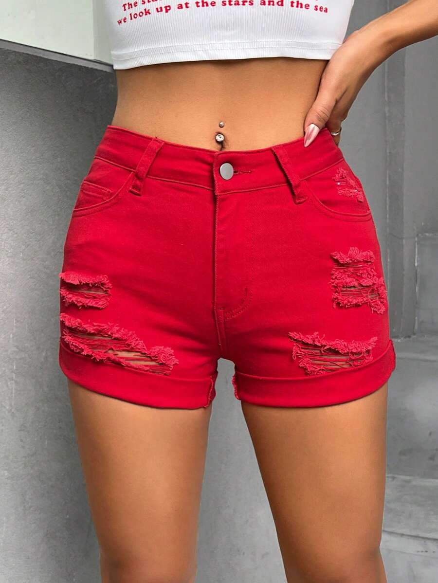 SHEIN PETITE Ripped Roll Up Hem Denim Shorts - Red - View 1