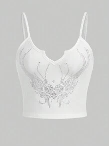 ROMWE Grunge Punk 水鑽愛心圖案吊帶上衣 - 白色 - 查看 1