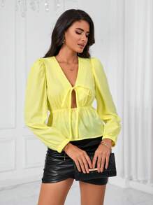 SHEIN Privé 前繫帶泡泡袖荷葉邊下擺襯衫 - 黃色 - 查看 5