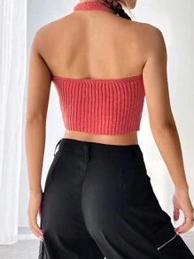 SHEIN Unity 十字交叉吊脖露背針織上衣 - 紅木色 - 查看 2