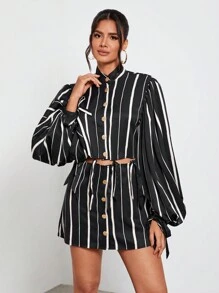 NeeshaValore Áo sơ mi tay lỡ in họa tiết sọc công sở thiết kế đơn giản không kèm thắt lưng, dành cho ngày lễ, kỳ nghỉ, công sở - Đen và trắng - Xem 1