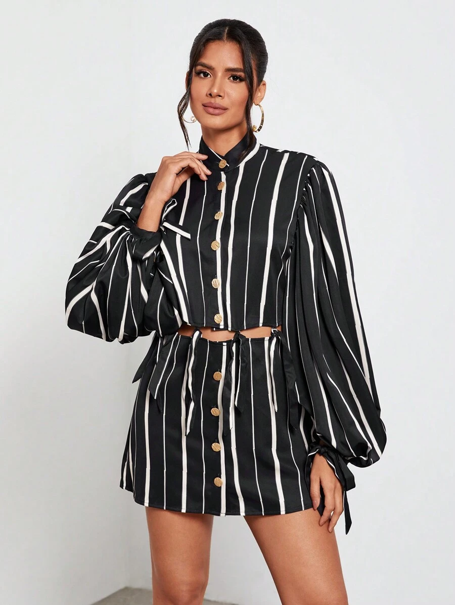 NeeshaValore Áo sơ mi tay lỡ in họa tiết sọc công sở thiết kế đơn giản không kèm thắt lưng, dành cho ngày lễ, kỳ nghỉ, công sở - Đen và trắng - Xem 1