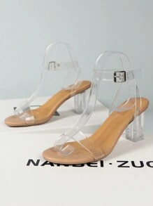 Party Vacation Wedding Occasion Latest 2023 Spring/Summer Elegant Apricot Women's Shoes. Features Round Toe, Chunky & Unusual Heels, Sheer & Bare Design With Decorative Open Toes. Slide Classic & Fashionable High-Heeled Apricot Sandals For Women With Rubber Soles.