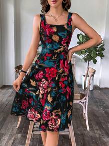 SHEIN Clasi 女士花卉印花方领无袖连衣裙 - 黑色 - 查看 3