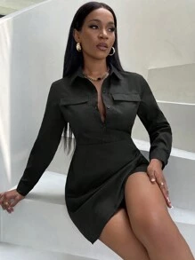 SHEIN Slayr 翻蓋口袋圍裹下擺襯衫洋裝 - 黑色 - 查看 6