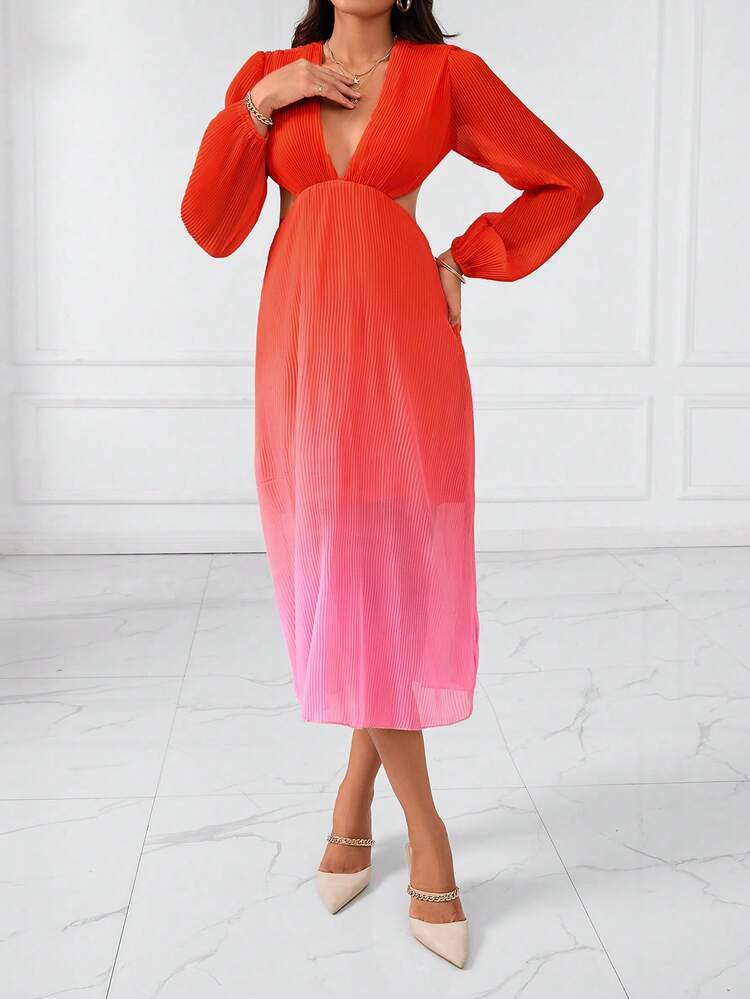 Ombre Plunging Neck Lantern Sleeve Cutout Waist Dress Fall Cloth For Women