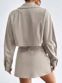 SHEIN Essnce Drop Shoulder Crop Jacket & Belted Skirt - Light Grey - View 2