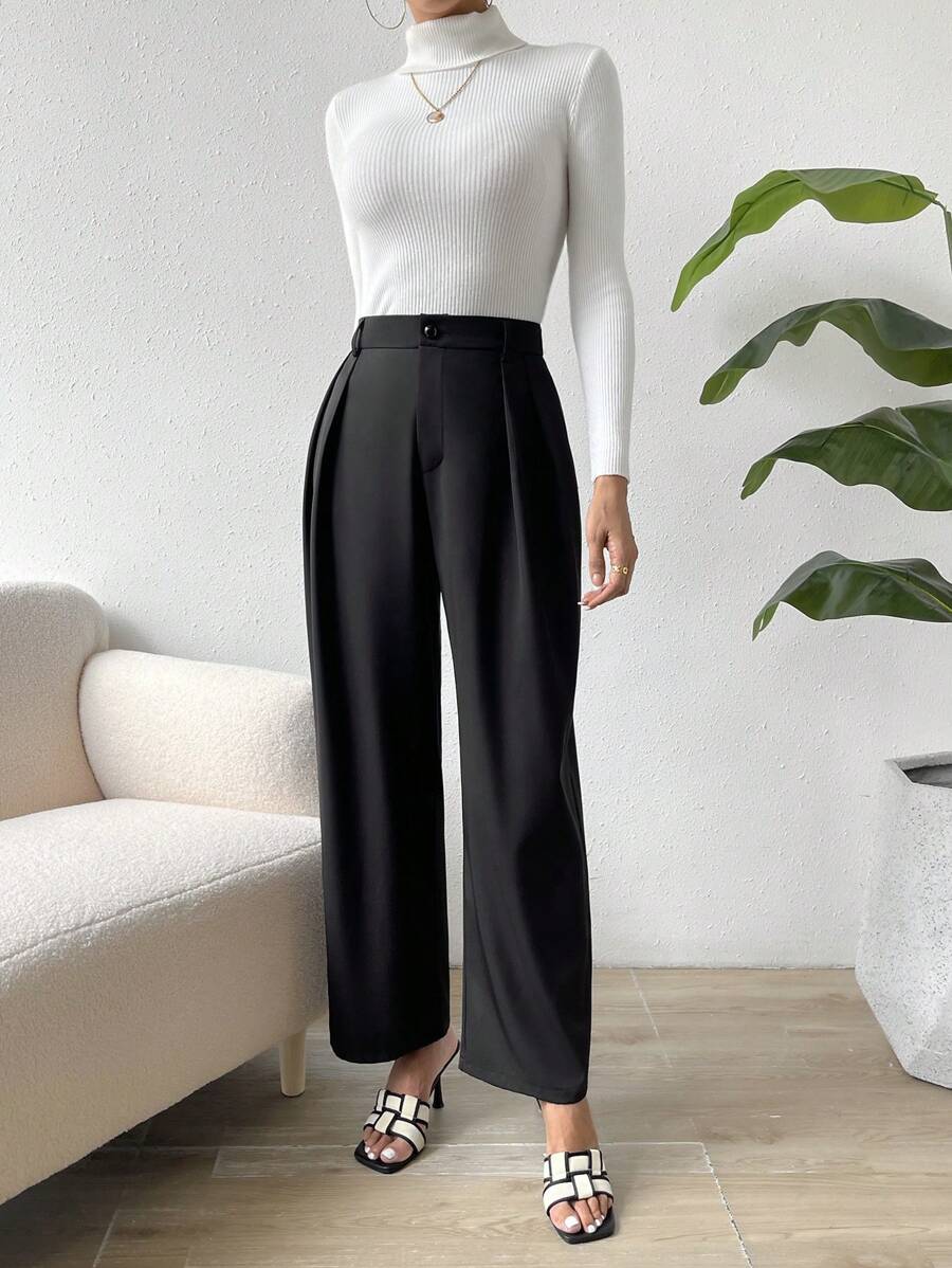 SHEIN Essnce Plicated Detail Straight Leg Pants - Black - View 1