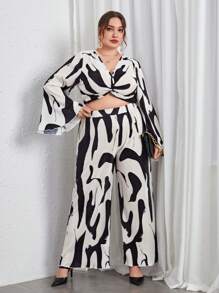 SHEIN Privé Plus Allover Print Twist Front Crop Top & Wide Leg Pants