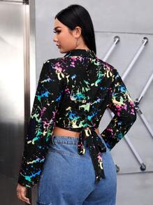 SHEIN EZwear Plus Splash Ink Print Crop Blazer - Multicolor - View 2