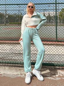 RueChic Half Zip Drop Shoulder Crop Sweatshirt & Sweatpants - Green - View 1