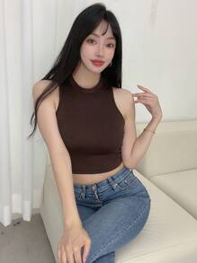 DAZY Top tank crop unicolor de canalé - Café integral - Ver 7