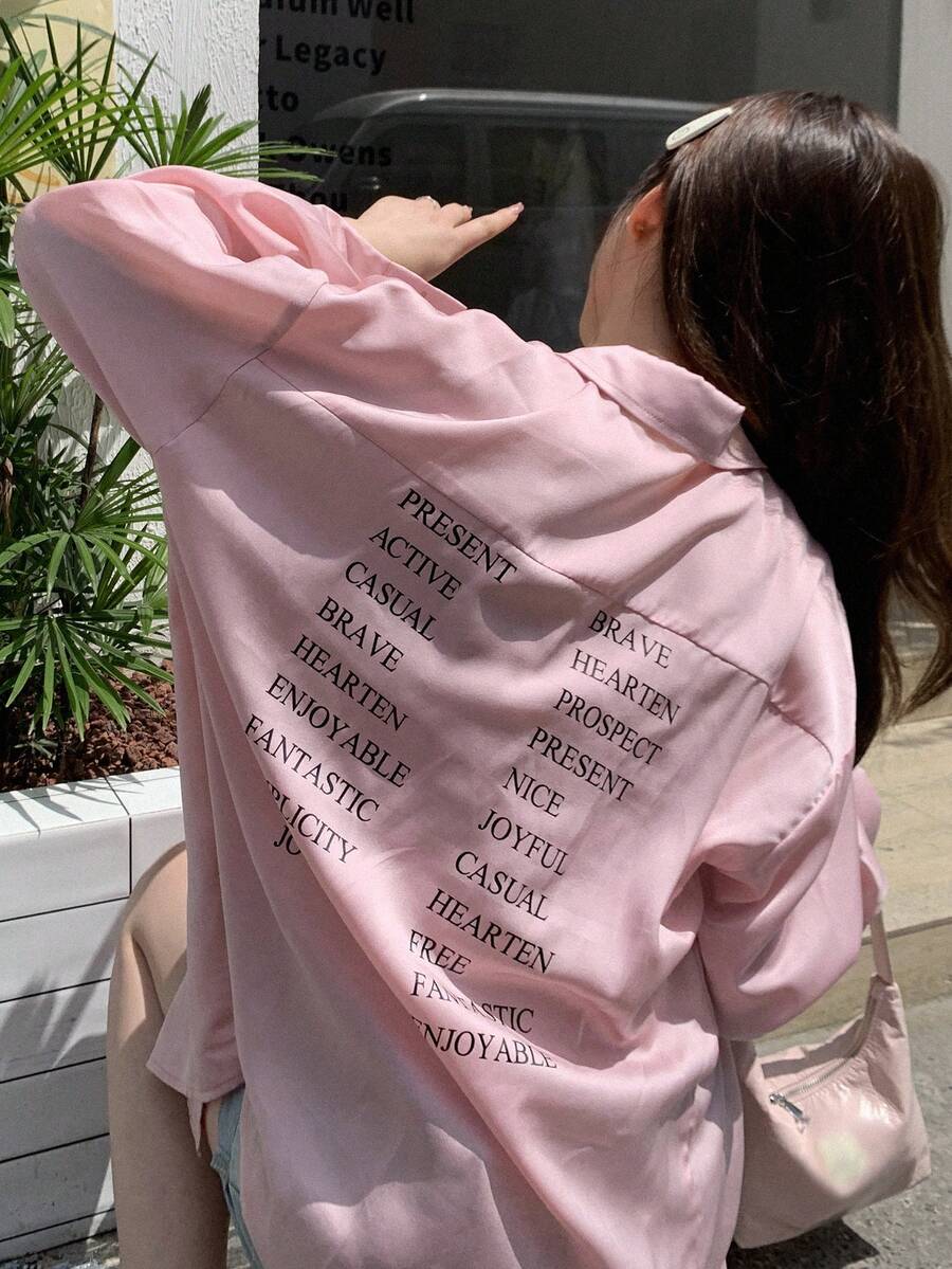 DAZY Letter Graphic Drop Shoulder Oversized Shirt - Pink - View 1