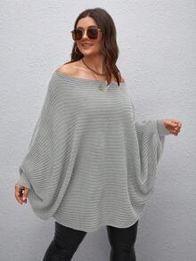 Calvaya Plus Off Shoulder Batwing Sleeve Ribbed Knit Poncho - Light Grey - View 4