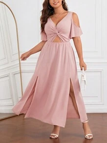 SHEIN Privé Plus Cold Shoulder Twist Front Cut Out Split Thigh Dress - Dusty Pink - View 4