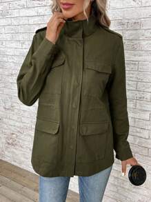 EMERY ROSE 翻蓋口袋拉鏈開襟連帽外套 - 軍綠色 - 查看 6