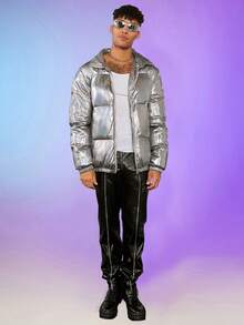FeverCity Men Holographic Zip Up Padded Coat - Silver - View 5