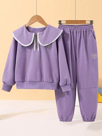 青少年女孩誇大領口衛衣和衛褲