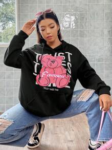 Flirla Áo nỉ cỡ lớn in hình gấu và khẩu hiệu, có túi kangaroo, vai rớt và dây rút. - màu đen - Xem 7