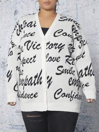 SHEIN CURVE+ Plus 1pc Letter Pattern Drop Shoulder Button Front Cardigan