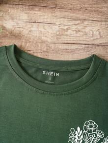 SHEIN EZwear Plants Print Pocket Patched Tee - Dark Green - View 4