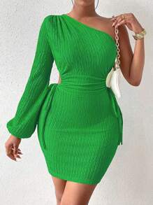 Chiquease Một bờ vai Bên dây rút Váy bodycon - màu xanh lá - Xem 3
