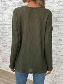 EMERY ROSE Women's Solid V-Neck Drop Shoulder Long Sleeve Loose Casual T-Shirt, Spring & Summer Tops With Sleeves Fall Women Clothes - Army Green - View 2