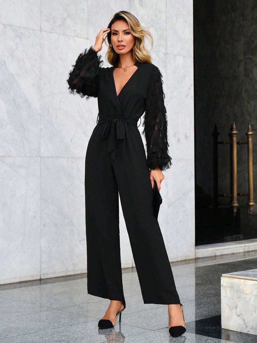 SHEIN Unity Fuzzy Lantern Sleeve Belted Jumpsuit - Black - View 1