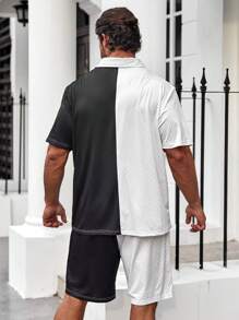 Manfinity LEGND Men Plus Letter Graphic Two Tone Polo Shirt & Shorts - Black and White - View 2