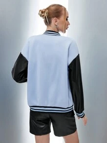 SHEIN Unity 字母貼布條紋飾邊落肩袖學院風夾克 - 彩色 - 查看 2