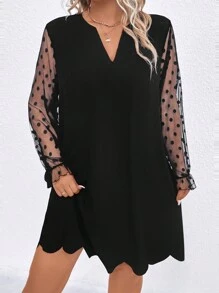 SHEIN Clasi 大碼拼接波點網紗喇叭袖貝殼邊洋裝 - 黑色 - 查看 1