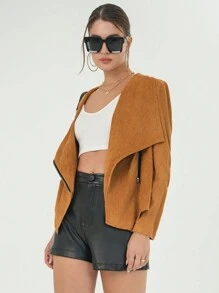 SHEIN Privé Waterfall Collar Open Front Coat - Coffee Brown - View 4