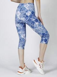 Floral Print Capri Leggings - Blue - View 1