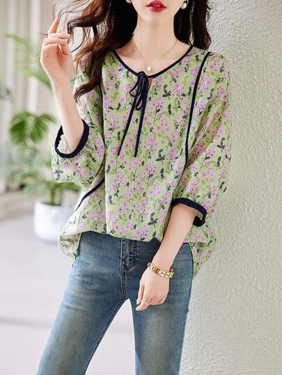 Floral Print Contrast Binding Tie Neck Blouse