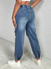 SHEIN SXY Eo dây rút Rách Frayed Cắt ra Quần jean - Rửa nhẹ - Xem 3