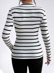 SHEIN Clasi Striped Print Half Zip Tee Graphic Tees Women Tops Fall Cloth For Women - Black and White - View 2