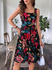 SHEIN Clasi 女士花卉印花方领无袖连衣裙 - 黑色 - 查看 5