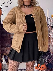 PUNK Plus Cable Knit Drop Shoulder Cardigan - Camel - View 2