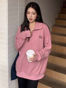 DAZY Đồ họa Chữ cái Một nửa khóa kéo Thả vai Áo chui đầu Oversized - Hồng - Xem 9