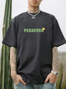 Hombres Camiseta de hombros caídos con estampado de slogan - Gris Oscuro - Ver 4