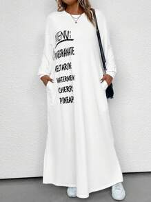 SHEIN LUNE Plus Letter Graphic Drop Shoulder Split Hem Dress - White - View 4